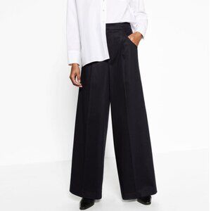 Zara Palazzo Wide-Leg Sateen Trouser Pants - Dark Navy - Medium